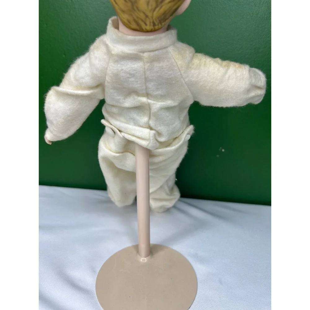 Vintage Porcelain Boy Doll Singing Yawning Open Mouth Cream Sleeper with Stand